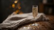 © Nan - A champagne flute with golden bubbles on a wooden table beside a cozy blanket and festive confetti.
