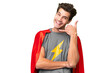 © luismolinero - Young handsome caucasian man over isolated background in superhero costume and doing phone gesture