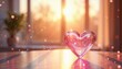 © AiGalaxy - Transparent heart on a wooden table. Pink glass heart for Valentines day, anniversary or romantic occasion. Love and relationship concept with soft bokeh light.