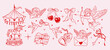 © Tasha - Hand-drawn Valentine illustration set with Cupid angels, bows, hearts, doves, carousel unicorn, love letters, keys and cherries. Romantic vintage sketch style for cards, stickers and holiday designs