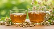 © Mimin - Two glass cups of tea with floral arrangement and loose grains on a wooden table
