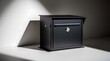 © MDFUAD - professional photo of a residential locking mailbox with a sleek rectangular shape, matte black powder-coated metal finish, a thin horizontal front mail slot and a rounded key lock visible.