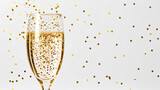 Sektglas mit goldenem Glitzer und funkelndem Konfetti auf weißem Hintergrund