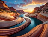 Vibrant Sunset Over a Winding River Canyon With Dramatic Clouds and Layered Rock Formations Illuminated By Golden Sunlight