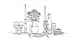 © Uttpol Saha - Continuous line drawing of elegant romantic dinner table setting with candles, wine, flowers, and cake