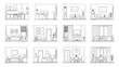 © Uttpol Saha - Set of black and white line art vector illustrations showing various house interior rooms in elevation view