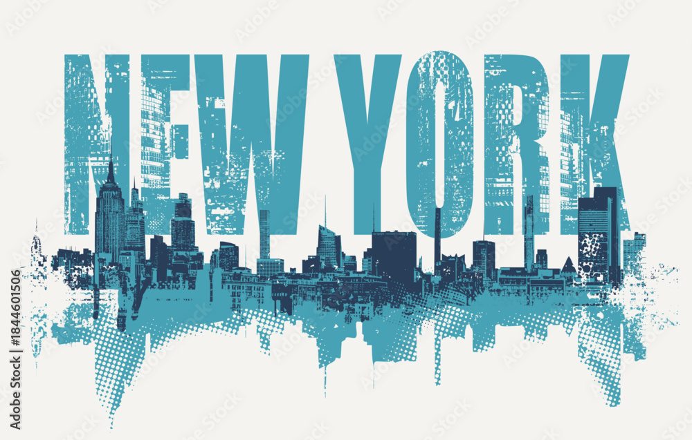 Vector banner with New York lettering, Statue of Liberty, cityscape and skyscrapers. USA illustration in grunge style. T-shirt design, tourist signboard, tourist postcard. Not AI.