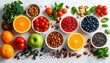 © Stefan Schurr - Photorealistic flat lay of fresh healthy food ingredients including fruits, vegetables, nuts, and herbs on a clean kitchen surface, vibrant natural colors, crisp lighting, high-resolution food photogr