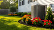 © ANMZAKARIA - Residential AC unit installed outside modern white house | Beautifully manicured flower beds surrounding air conditioner condenser | Summer evening sunlight illuminating lush green lawn and HVAC syste