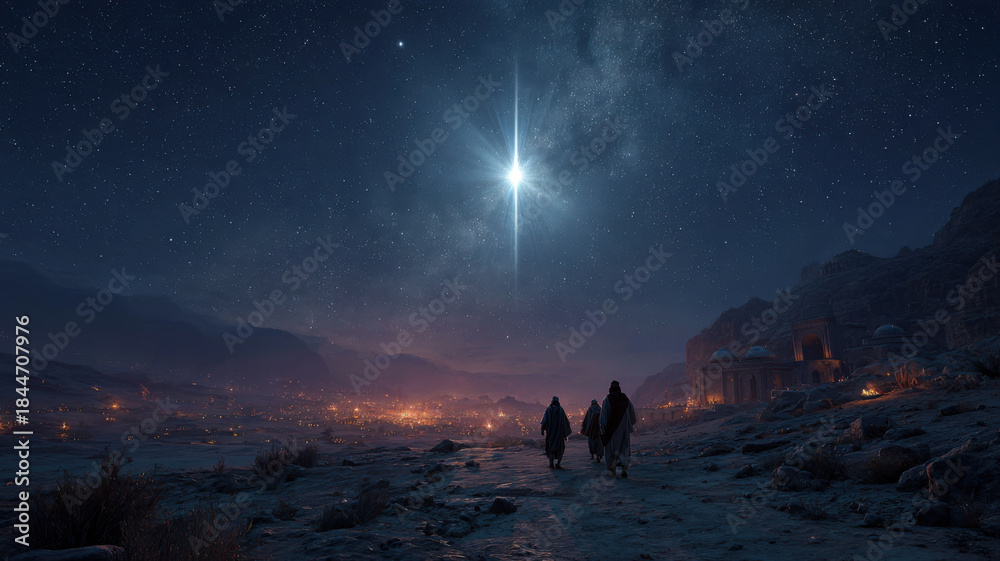 Cinematic Desert Nativity Scene with Star of Bethlehem. Cinematic photograph depicting the Nativity story with the Star of Bethlehem dominating a dark, clear night sky.
