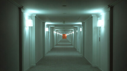  Long Corridor with Lighting and Red Door at End