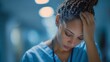 © Cabon Creations - Infirmière en burn-out, épuisement et stress au travail, main sur le front, fatigue et détresse psychologique du personnel soignant à l’hôpital