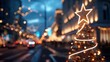 © mila103 - A Christmas tree is placed on a city street during the holiday season. Colorful lights illuminate the area as cars pass by. The sky has a soft blue hue at dusk.