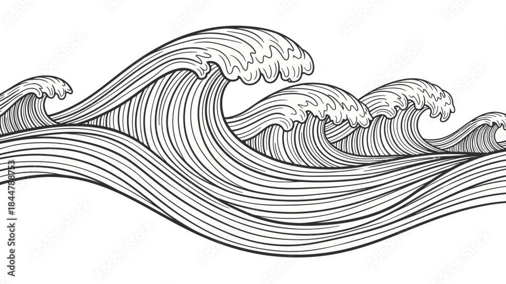 Seamless pattern of stylized ocean waves in a detailed line art drawing ...