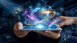 © Lucas - Mãos Segurando Tablet com Rede Abstrata de Dados Globais e Inteligência Artificial Brilhante - Conceito de Tecnologia Futura e Inovação Digital