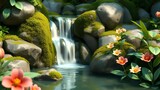 Serene waterfall cascades over moss-covered rocks surrounded by lush greenery and blooming flowers in a tranquil natural setting.