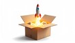 © FACTORY GRAPHICA  - Blast Off Innovation: A vibrant rocket bursts forth from a cardboard box, symbolizing innovation and breakthrough concepts. The scene portrays limitless potential and creative ambition.