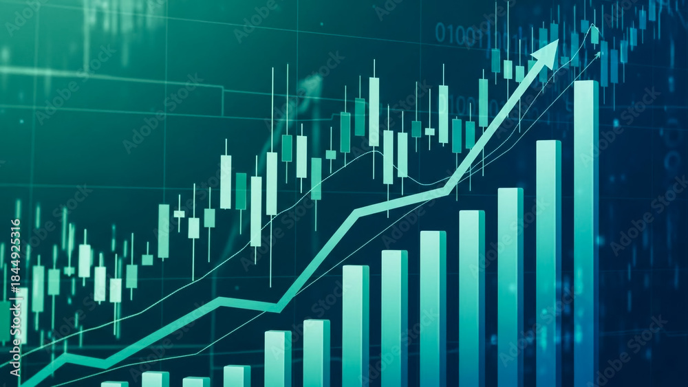 Stock market graph showing upward trend with candlestick and bar charts ...