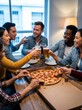 © tangmo.pa - Happy Diverse Friends Toasting with Beer and Eating Pizza at Home