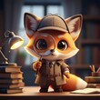 © Ariestia - Adorable cartoon fox character dressed as a detective examines something with a magnifying glass in a cozy setting