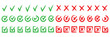 © top3 - Grunge crayons drawn tick and cross symbols set. Chalk stroke green and red handwriting checkbox wrong right choice marks with rough texture vector graphic