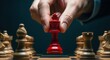 © PixelNest - Person strategically places red chess king piece on chessboard. Teams compete for advantage. Business leader makes decision for innovation in customer-centric approach. Competitive business strategy