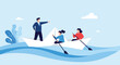 © James - Business leadership and teamwork concept with a manager in a suit directing his team rowing together in a paper boat.