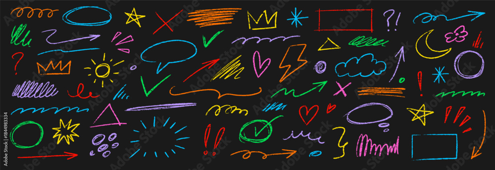 Pencil color crayon line element set. Hand drawn scribble chalk pencil ...