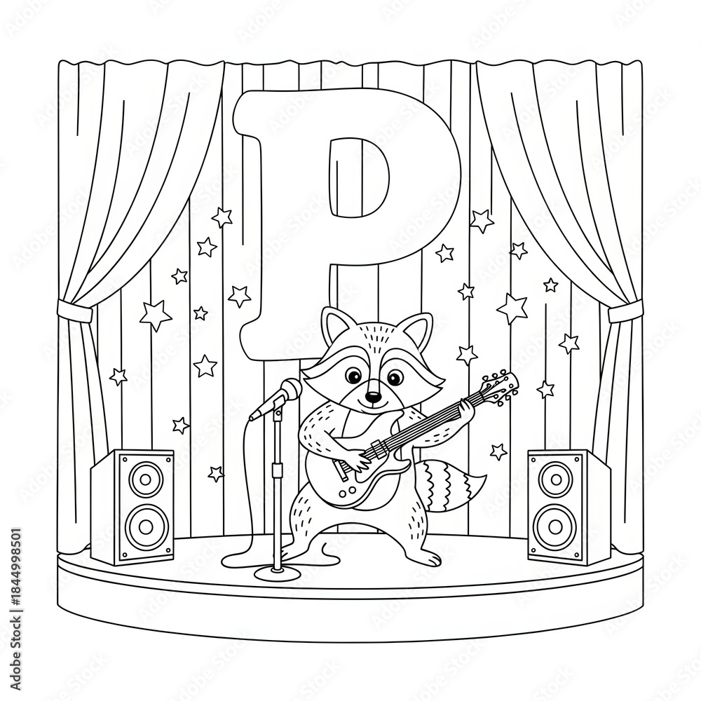 Rockstar Racoon Drawing Raccoon rockstar alphabet letter P coloring page. Cool cartoon animal ...