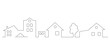 © Hasibur - Continuous line drawing of a charming minimalist city skyline featuring various houses and buildings with a tree and shrub creating a modern abstract neighborhood street illustration