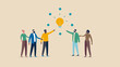 © Malik - Group of people pointing at a lightbulb surrounded by dots representing a shared idea or innovation concept