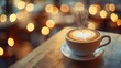 © Nadiia - Romantic coffee cup with heart foam art on wooden table with warm lights in cozy blurred cafe