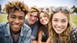 © Yevheniiya - A diverse group of happy young friends smiling together outdoors, sharing a moment.
