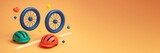 Bicycle wheels and helmets with floating colorful shapes on orange background with empty copy space for sport promotion or advertising concept. Ai generative