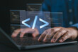 © Nirusmee - Programmer working on a laptop with virtual screens of code and coding icons, representing software engineering, web development, and the creation of complex digital solutions.