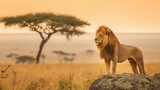 Majestic Male Lion on Rock in African Savanna at Golden Sunrise
