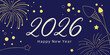 © Rahim - Festive 2026 New Year vector illustration with blue night fireworks, shimmering glitter effects, elegant celebratory atmosphere, modern holiday design.