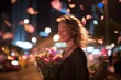 © grey - Woman standing by city lights at night holding a bouquet and smiling softly