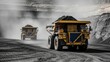 © homan - Two giant yellow mining dump trucks hauling coal or ore through heavy dust in a massive open-pit quarry under a dusty sky, symbolizing industry power and heavy construction logistics.
