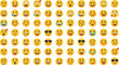 © PJ DeSign - Huge vector collection of flat design yellow emoji faces expressing diverse human emotions like joy, sadness, anger, love, and cool sunglasses for digital use.