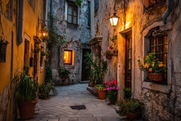  Charming old town alley illuminated by warm window lights and lanterns, creating a romantic and nostalgic evening atmosphere.