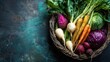 © Ilona - A variety of vegetables sit in a woven basket on a textured surface. Carrots, radishes, and leafy greens are visible. The colors of the vegetables stand out against the background