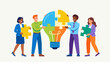 © Aeron - Teamwork concept. Diverse business people assembling lightbulb puzzle. Innovation collaboration partnership. Creative idea solution. Connecting jigsaw pieces. Corporate strategy.