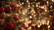 © Ilona - A Christmas tree is adorned with red ornaments and golden lights. The background has soft, glowing lights creating a warm atmosphere during the winter season