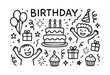 © no one - A cheerful black and white doodle illustration featuring happy children, a birthday cake, gifts, balloons, and other festive party elements, with the word 'BIRTHDAY' — stock vector.
