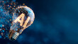 © Alex Alex - An abstract glowing light bulb with the letters 'AI' inside on a blue background, surrounded by digital particles. The concept of artificial intelligence, innovation, technology, and future ideas.