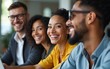 © li - Diverse ethnicities in a business office. Workers from different races express team spirit for great success. Gender equality in private office. Diverse group of people feel happy in working as a team