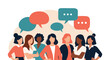© Darwin - Diverse group of strong women standing together with speech bubbles, representing communication, feminism, and female empowerment.