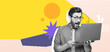 © Prostock-studio - A man with glasses expresses excitement while using a laptop, surrounded by bright colors and abstract shapes. The collage style adds energy to the scene, emphasizing his enthusiasm.