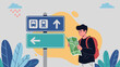 © Beny Qurdy - A young man with a backpack consults a map at a directional signpost indicating train travel and a left turn, with stylized clouds and foliage in the background.